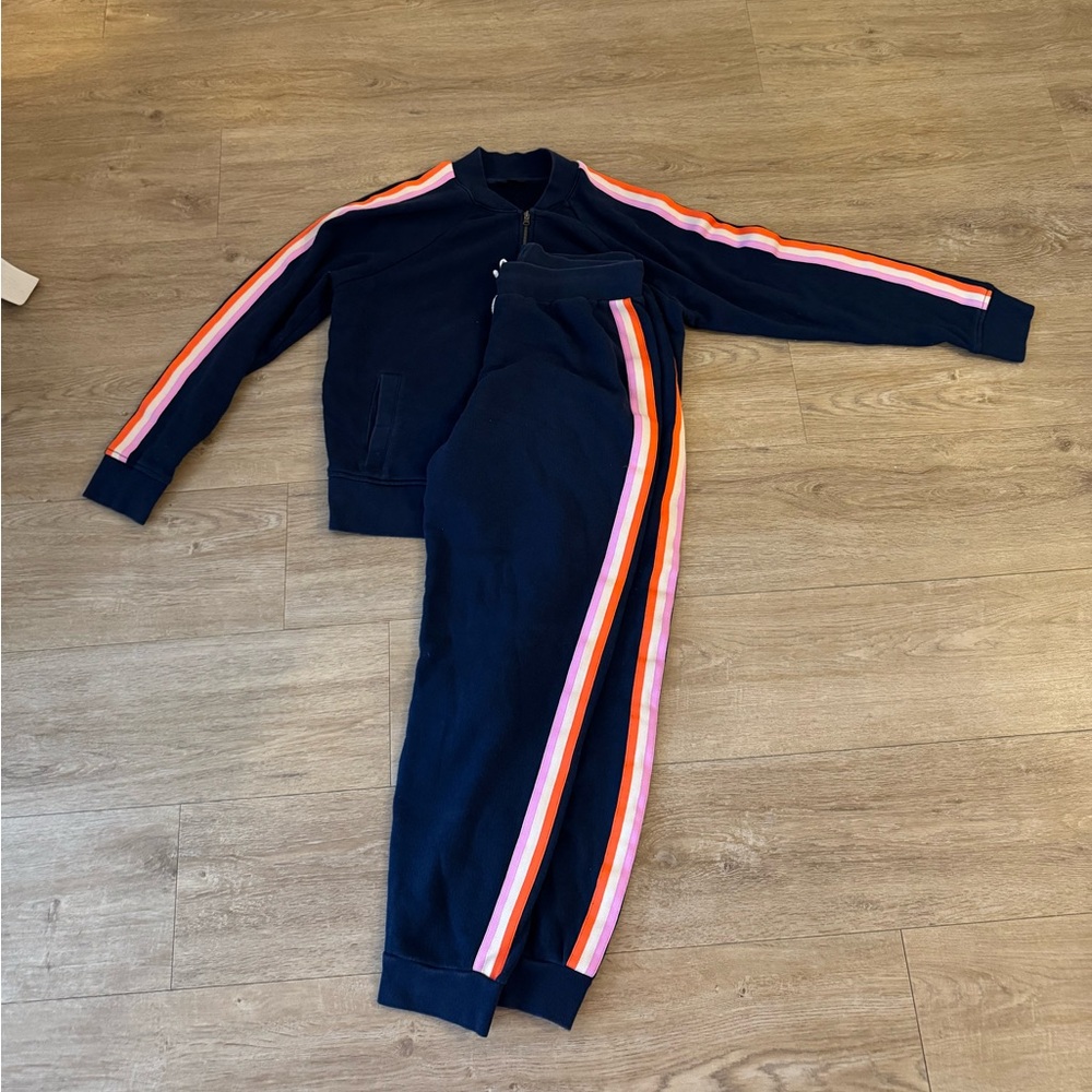 J. Crew Dark Blue Jogger Set with Pink and Orange Accents